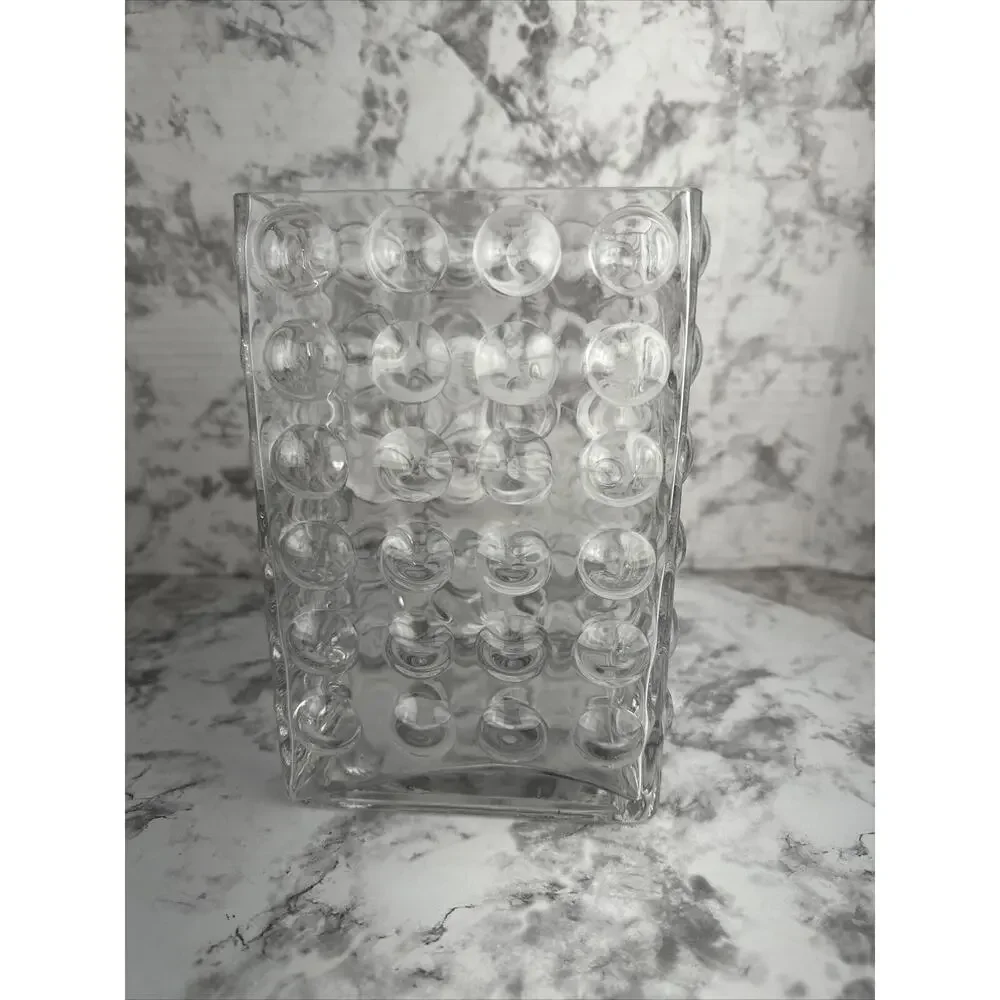 Vintage Blown Bubble Art Glass Vessel Mid Century Modern Vase Clear Rectangular‎